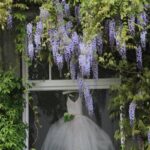 a wedding dress is hanging in a window