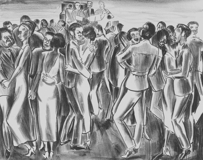 A group of people dancing at a party